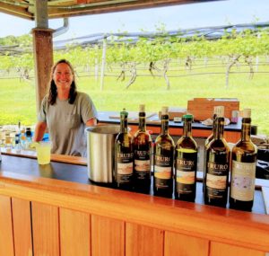 A girl is scene serving wine at Truro Vineyards tasting area